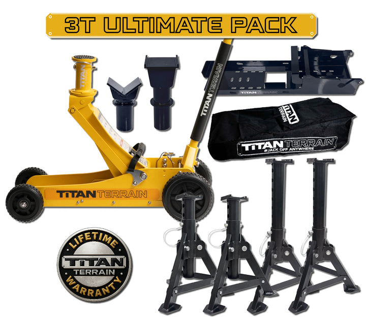 Titan Terrain 3T Ultimate Pack with jack, stands, and tools on a white background