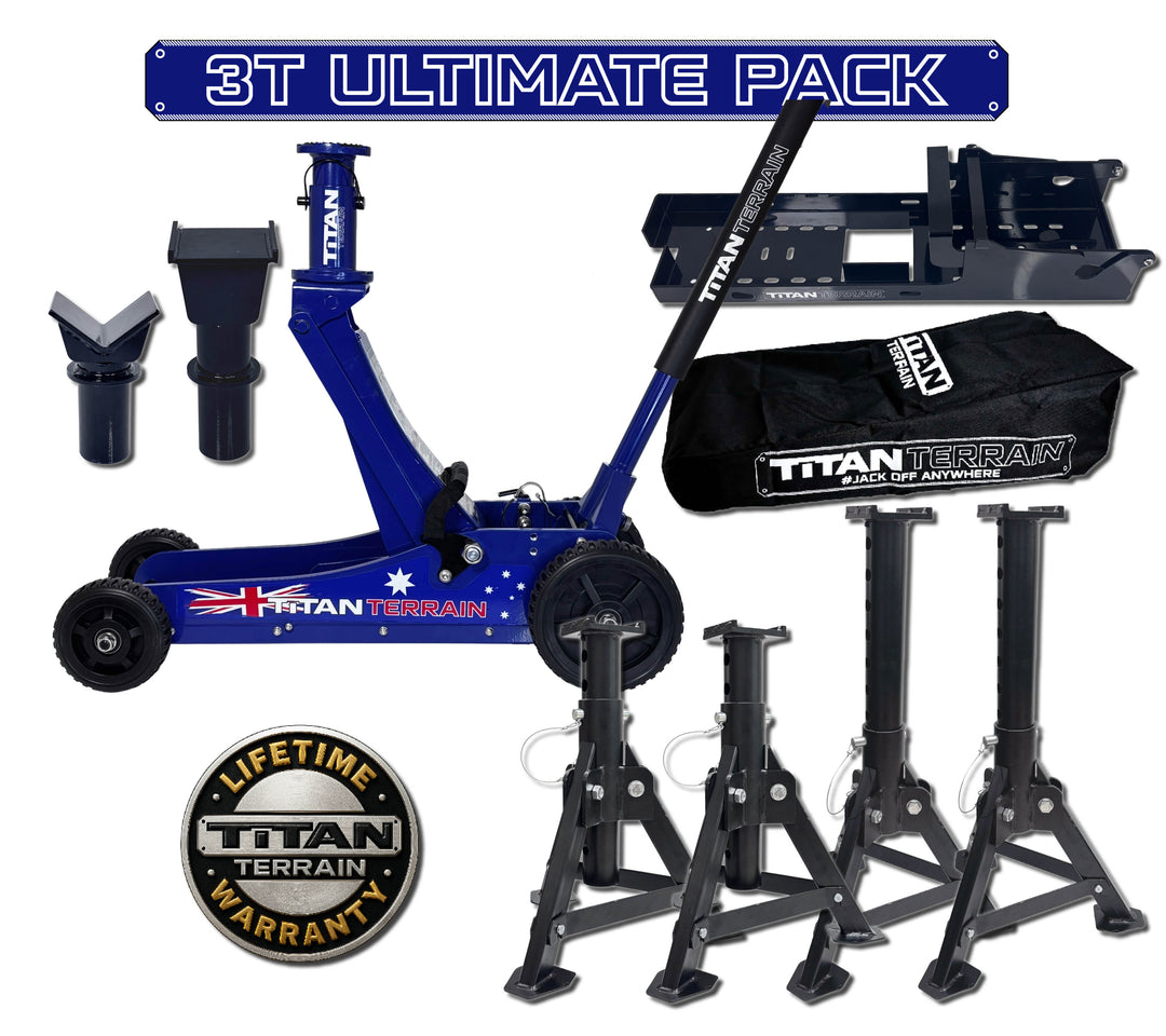 Titan Terrain vehicle lift and accessories set with '3T Ultimate Pack' label on a white background.