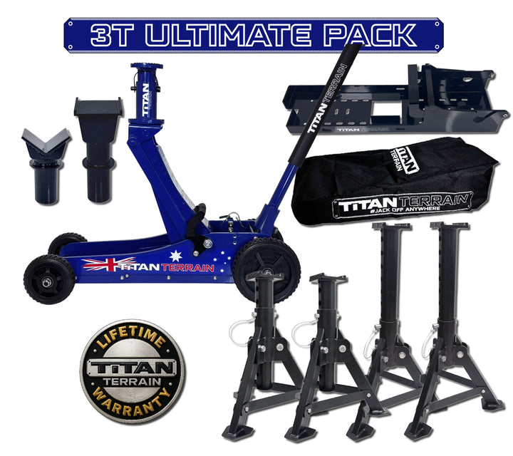 Titan Terrain vehicle lift and accessories set with '3T Ultimate Pack' label on a white background.