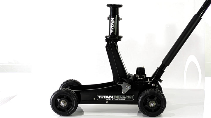 Angle view of titan terrain rugged floor jack at max extension