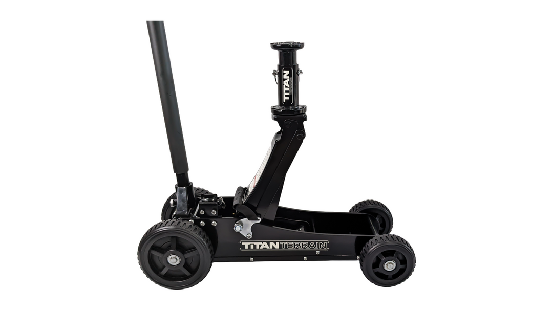 Side angle view of Titan terrain rugged floor jack with jack extension at ax height