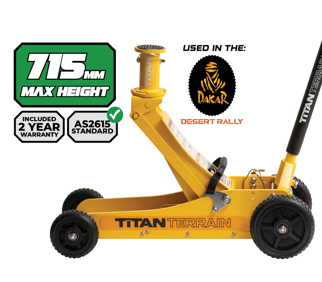 Titan Terrain 3 tonne rugged floor jack in hi-vis yellow