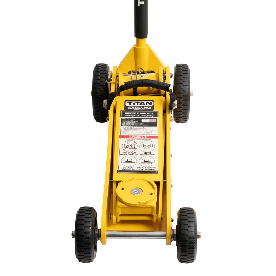 Titan Terrain 3 tonne rugged floor jack in hi-vis yellow