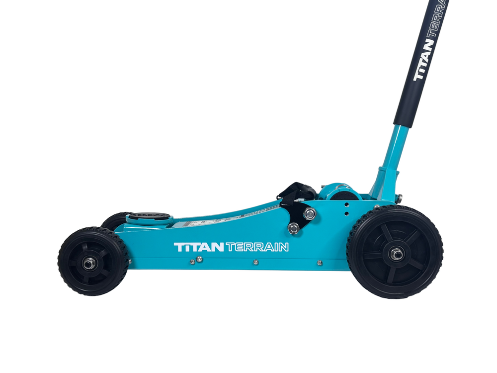 Titan Terrain 3 tonne rugged floor jack in turquoise