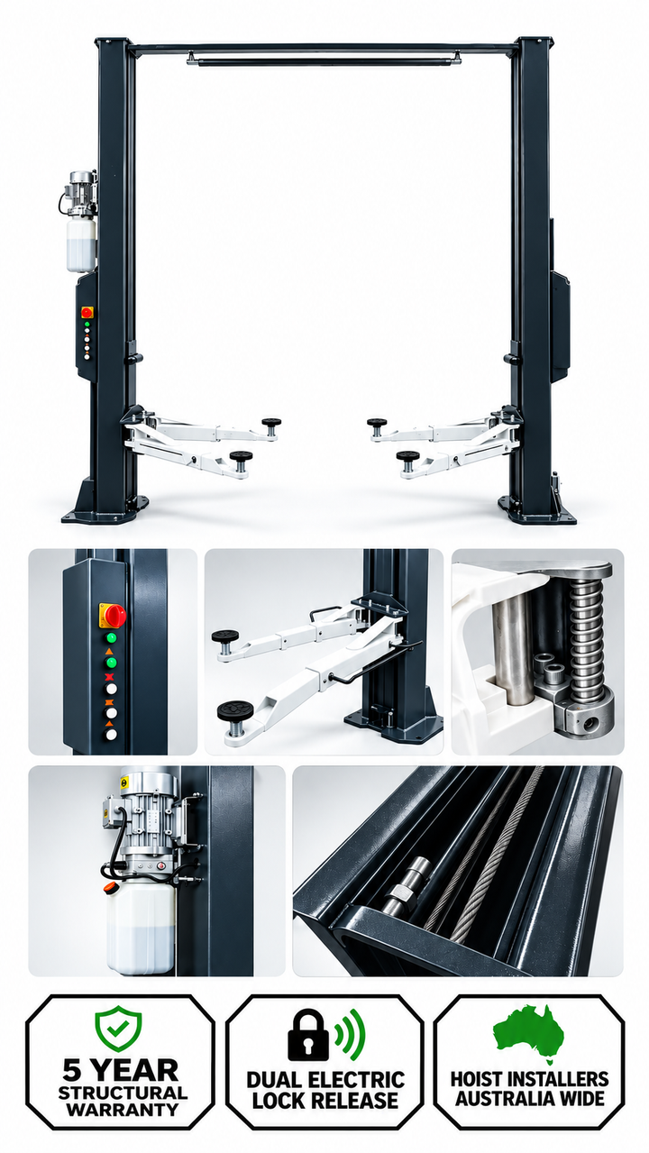 TTN Industrial 4.5 tonne 2-post car hoist with dual electric lock release