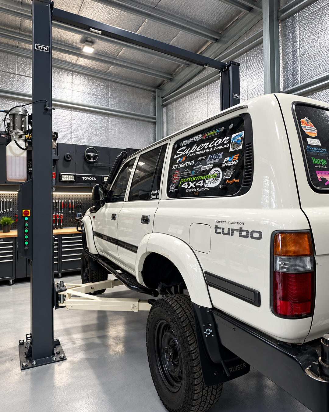 TTN Industrial 4.5 tonne 2-post car hoist with dual electric lock release