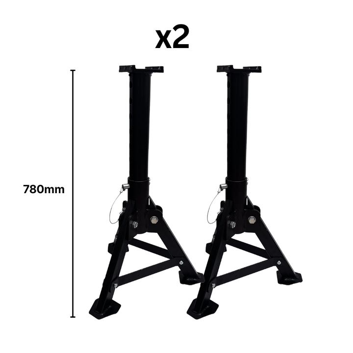 Two black jack stands with a measurement of 780mm on a white background